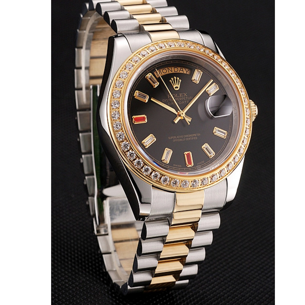 Aaa replica watch Day-Date And Bracelet Rubies Tone Diamonds 1454105 Dial Two Rolex Black Swiss 0824